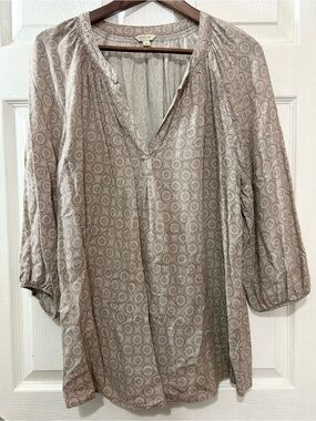 Sonoma Life+Style Boho Peasant Top XL Taupe Medallion Print 3/4 Sleeve